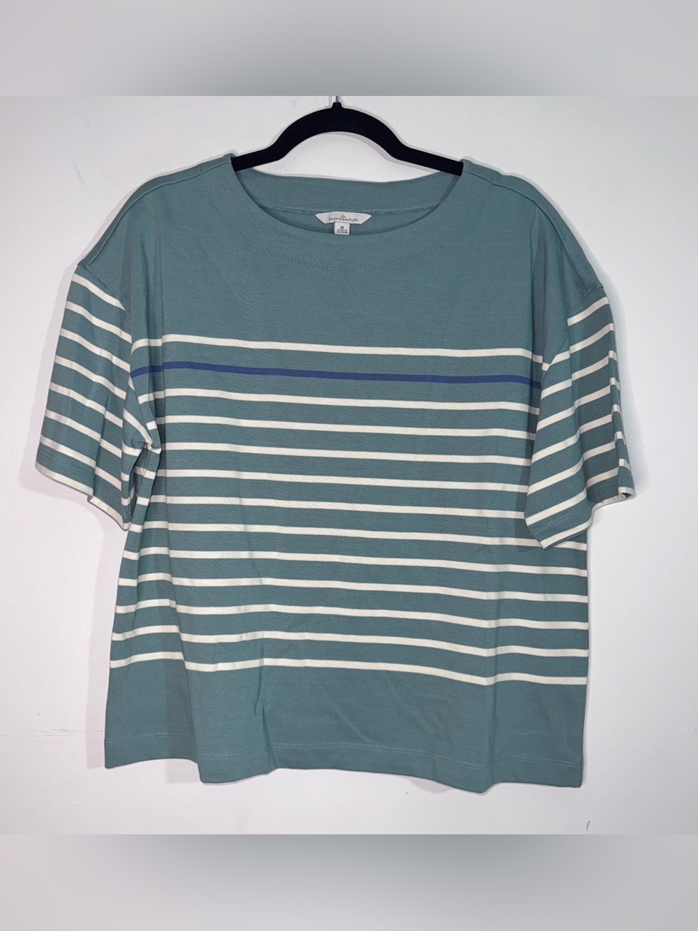L.L.Bean Signature Women’s M Sage Green Striped Cotton Short Sleeve Top